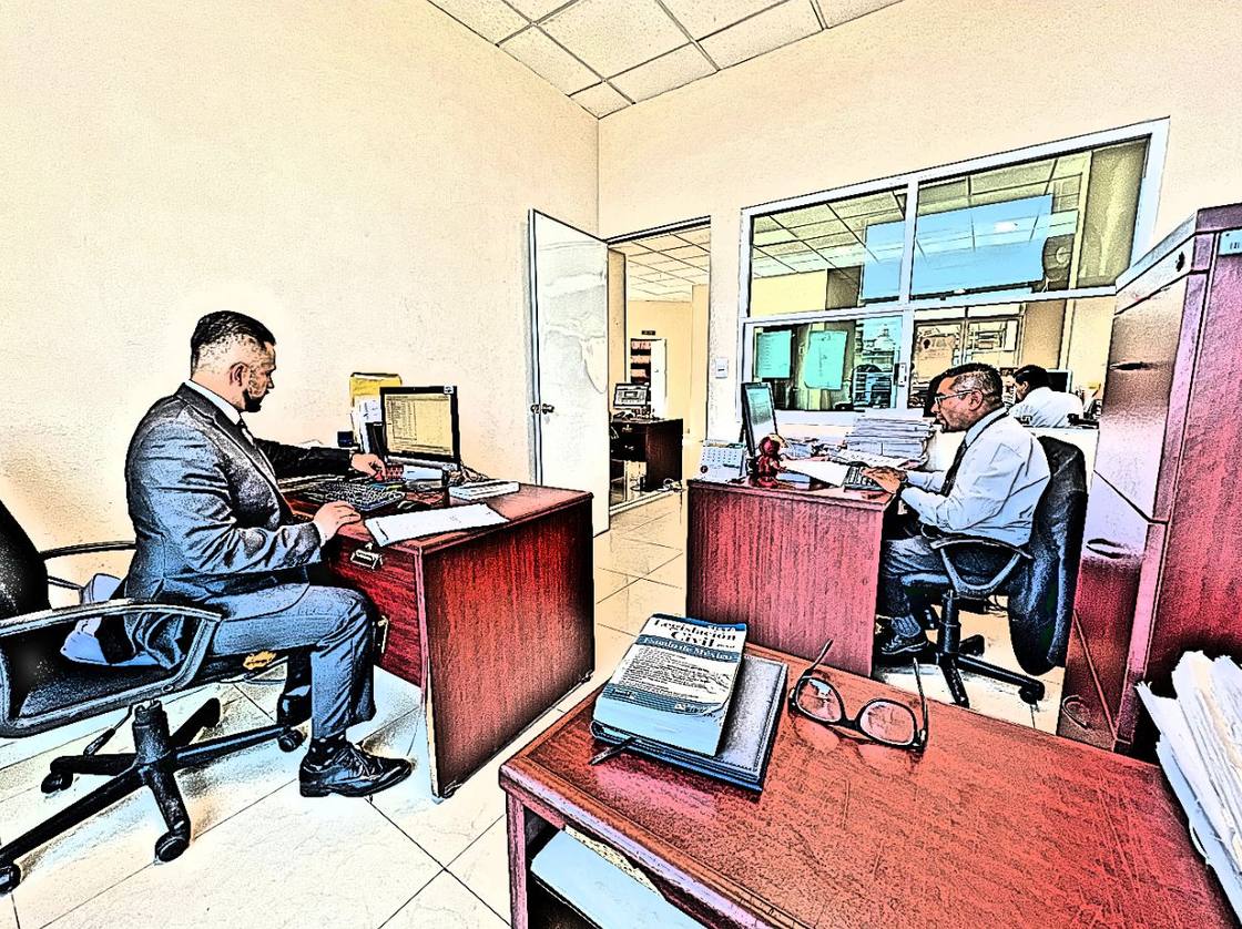 Abogados trabajando en sus escritorios, con un código de legislación civil sobre la mesa